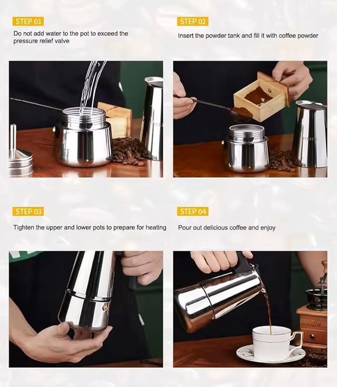 SEQ Stovetop Espresso Maker โ 6 Cup (10 oz) Stainless Steel Moka Pot | Induction, Gas, Ceramic, Electric & Halogen Compatible | FREE Coffee Scoop + Extra Gasket | Easy Home Espresso