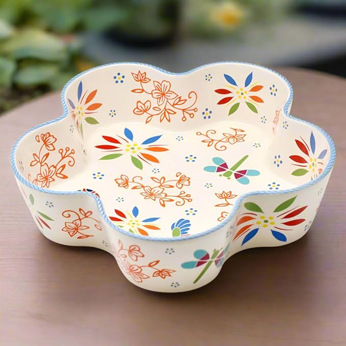 temp-tations by Tara Ceramic Pie Pan for Baking 10", Garden - Deep Stoneware Pot or Apple Pie Dish, Dishwasher Safe Quiche Baking Dish, Scalloped Non-Stick Fluted Tart Cake Pan Oven Plate Mold