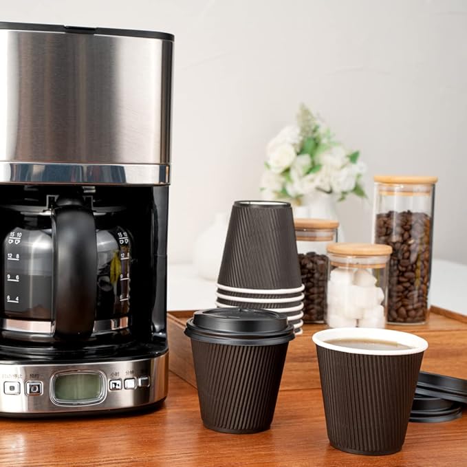Restaurantware 8 Ounce Disposable Cups Pack of 25 Double Wall Hot Cups–Lids Sold Separately, Designed with a Rippled Wall and Black Paper Insulation, Ideal for Coffee, Hot Chocolate, and Tea