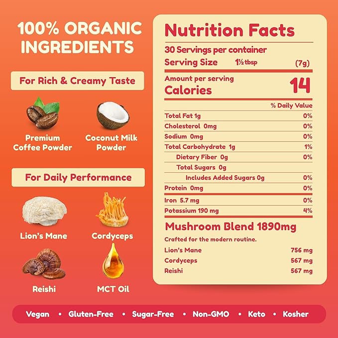 Organic Bless Instant Mushroom Coffee Powder – Organic Lion’s Mane, Reishi & Cordyceps Blend for Energy, Focus & Clarity – Adaptogenic Coffee with Coconut Milk & MCT Oil – 30 Servings