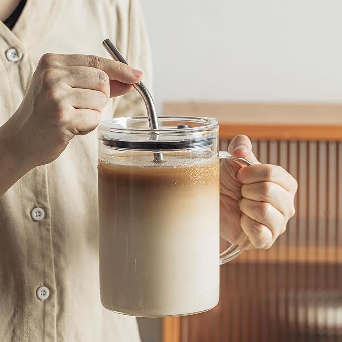 KEMORELA Large Ribbed Glass Tumbler with Handle & Lid, 2‑Pack 1000 ml / 34 oz Glass Cups with Reusable Straw – Thickened Ribbed Glass Mug for Iced Coffee, Juice, Smoothie & Cold Drinks