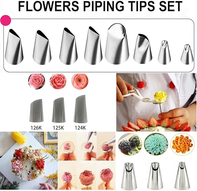 23 pcs Icing Piping Tips(with 8rose flower piping tips 2 Flower Nails 1 Flower Lifter 1Cake Decorating Tips Brush 5 Piping Bags & 6 pastry bag ties)Cake Decorating Tool Kit Petal Icing Tips