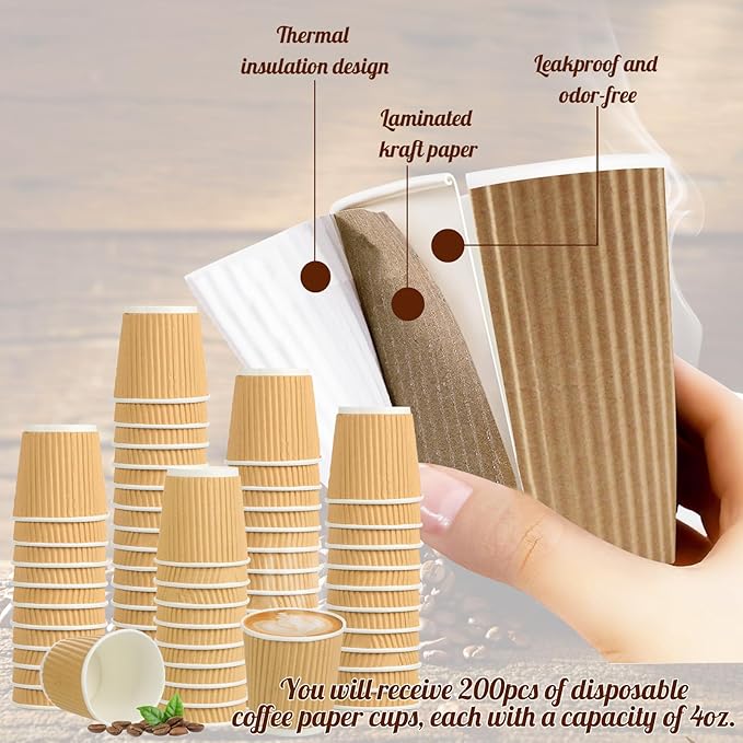 200 Pcs 4oz Paper Espresso Cups Ripple Wall Hot Cups For Coffee Disposable Coffee Cup Paper Hot/Cold Drinking Cups for Party, Picnic, Travel and Events