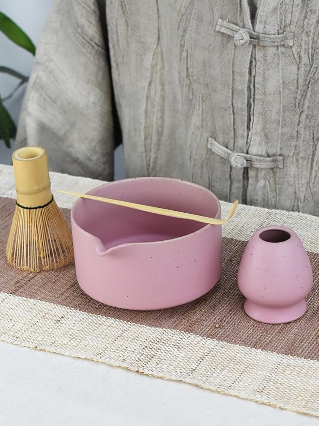 Artcome Matte Pink Matcha Bowl Set with Spout – Handmade Ceramic Chawan, Bamboo Whisk, Whisk Holder, Tea Scoop, and Matcha Manual – Japanese Tea Ceremony Set for Matcha Lovers