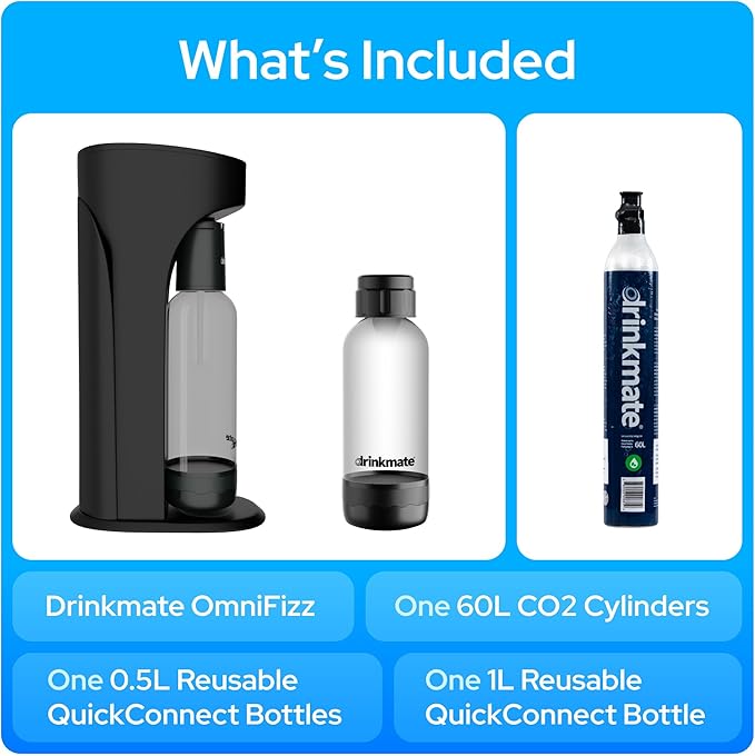 Drinkmate OmniFizz Sparkling Water and Soda Maker, Carbonates Any Drink, Special Bundle - Includes 60L CO2 Cylinder, Two Carbonation Bottles, and Fizz Infuser (Matte Black)