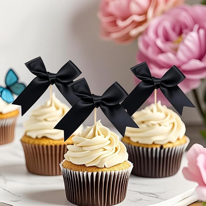 Black Bow Cupcake Toppers,Black Bow Birthday Decoration, Bow Themed Party Decorations Coquette Cake Decoration for Bachelorette Bridal Engagement Birthday Wedding Baby Shower Party Decor