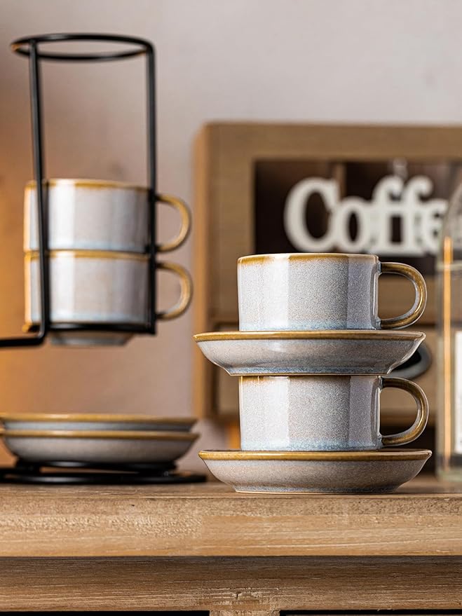 Gomakren 2.5 Ounce Espresso Cups Set of 4, Small Stackable Coffee Cups with Saucers and Metal Stand, Porcelain Demitasse Cups for Specialty Coffee Drinks, Espresso, Cappuccino, Latte, Tea, Gray