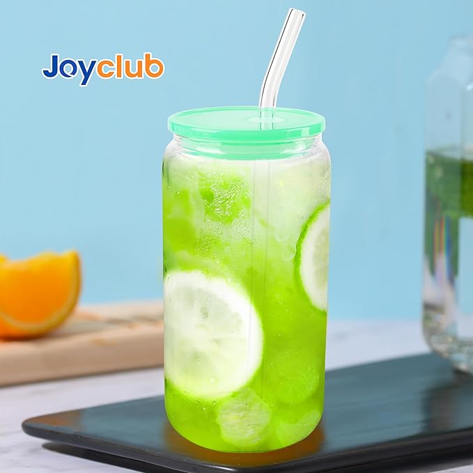 Joyclub 4pcs Glass Cups with Acrylic Lids and Straws 16 oz Can Shaped Glass Iced Coffee Cups with Lids and Straws, Cute Tumbler Cup Drinking Glasses for Smoothie Whiskey Boba Soda Tea Gift