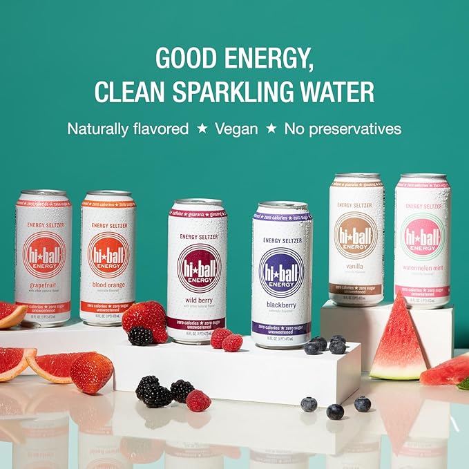Hiball Clean Energy Drink - Blood Orange - Zero Sugar, Zero Calorie Sparkling Water with 160mg Organic Caffeine, 50mg Organic Ginseng, 50mg Organic Guarana and B Vitamins - 16 fl oz (8-Pack)
