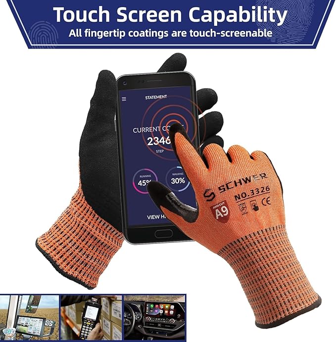 Schwer ProGuard Highest Level Cut Resistant Work Gloves PR3326 for Extreme Protection,ANSI A9 Cut Gloves with Reinforced Thumb, Non Slip, Non PFAS, Durable, Touch-screen, Orange 120 Pairs, M