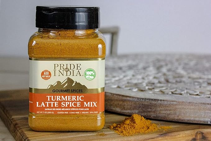 Pride of India – Turmeric Latte Spice Mix – Gourmet & Warm Tea Spice Blend – Healthy/Gluten-Free – Ideal for Lattes/Smoothies/Golden Milk – Easy to Store – 7 oz. Medium Dual Sifter Bottle