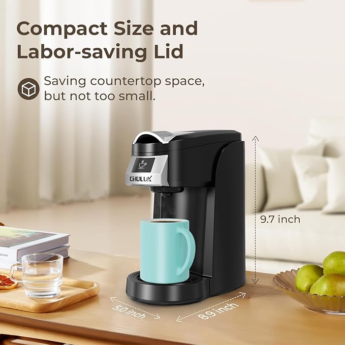 CHULUX Classic Single Serve Coffee Maker for K Cup, One Button Easy Coffee Machine for Office, RV, Travel and Dorm, Black