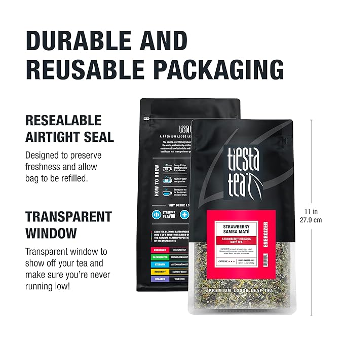 Tiesta Tea - Strawberry Samba Mate, Loose Leaf, Strawberry Hibiscus Mate Tea, High Caffeinated Fruit Blend, Make Hot or Iced Up to 200 Cups, 16oz Resealable Bulk Pouch