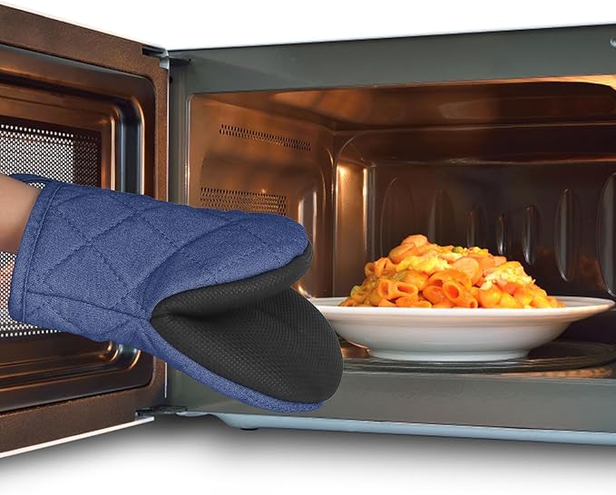 1 Pair Short Oven Mitts, Heat Resistant Silicone Kitchen Mini Oven Mitts for 500 Degrees, Non-Slip Grip Surfaces and Hanging Loop Gloves, Baking Grilling Barbecue Microwave Machine Washable