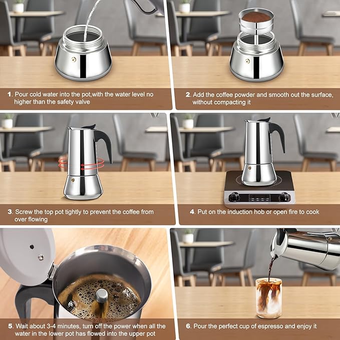 4 Cup Stovetop Espresso Maker Stainless Steel Moka Pot Stove Top Percolator Italian Coffee Makers Capable Mocha Greca Machine Cafe Classic Induction Cookers for Home and Camping 200ml 6.6oz