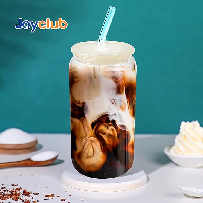 Joyclub 8pcs Glass Cups with Acrylic Lids and Straws 16 oz Can Shaped Glass Iced Coffee Cups with Lids and Straws, Cute Tumbler Cup Drinking Glasses for Smoothie Whiskey Boba Soda Tea Gift