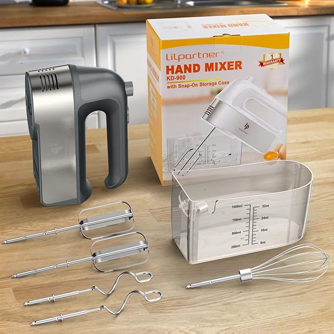 Hand Mixer Electric, 450W Kitchen Mixers with Scale Cup Storage Case, Turbo Boost/Self-Control Speed + 5 Speed + Eject Button + 5 Stainless Steel Accessories, For Easy Whipping Dough,Cream, Cake