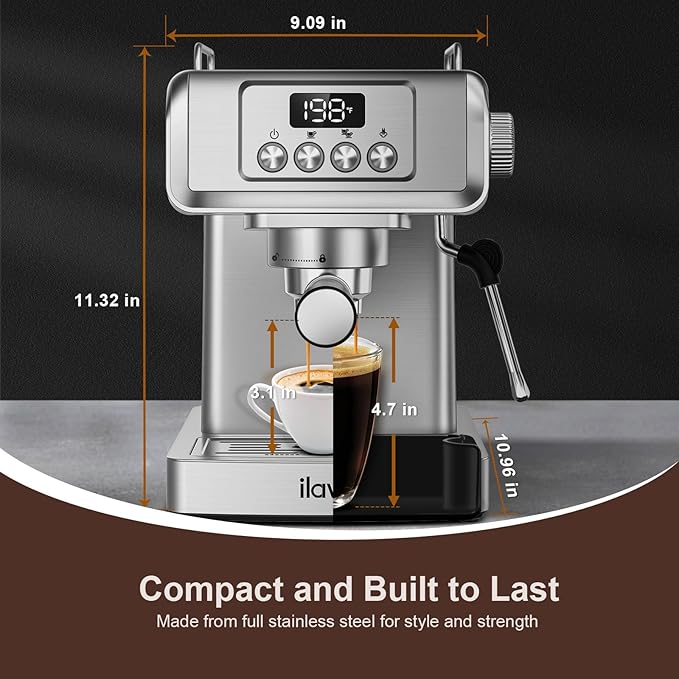 Espresso Machine 20 Bar, Espresso Maker with Steam Milk Frother๏ผEspresso Coffee Machine with 60oz Removable Water Tank for Lattle, Cappuccino, Stainless Steel