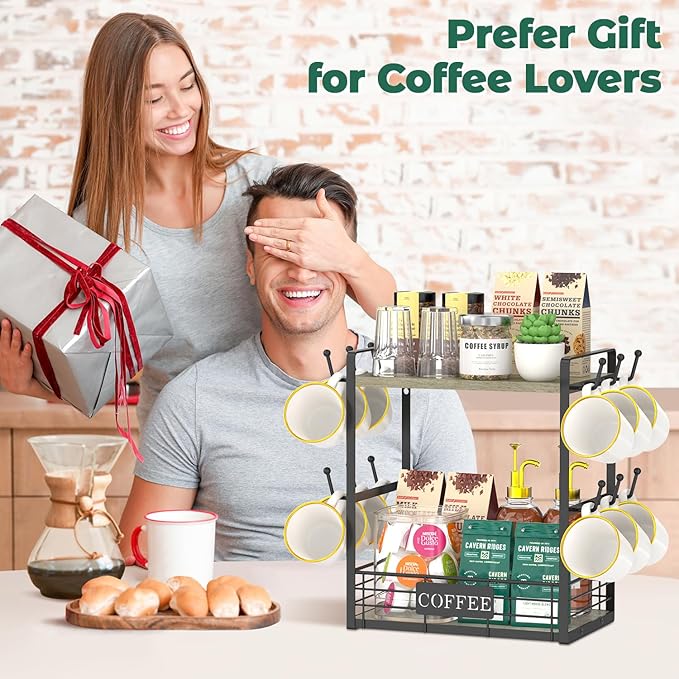 EsLuker.ly Coffee Mug Cup Holder Stand Bar Station Organizer for Countertop, Multi-Functional 2 Tier Mug Tree Rack for Kitchen, Storage Shelf with 12 Hooks, Grey Oak-Black(Patented Design)