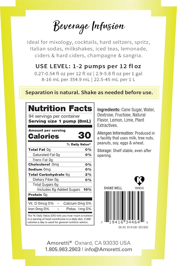 Amoretti - Lemon Lime Beverage Infusion, 94 Servings Per Bottle (750 ml) - Drink Mix & Water Enhancer with Pump for Flavoring Cocktails, Waters, Teas, and other Beverages, Preservative Free
