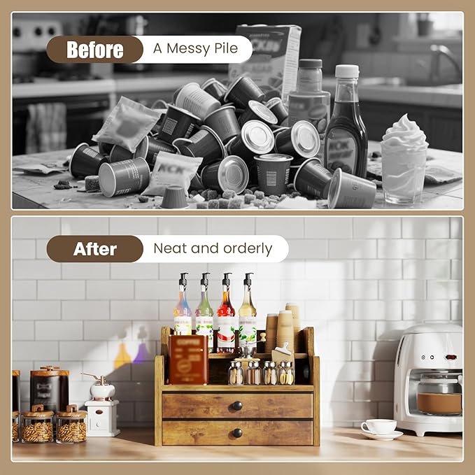 Wood Coffee Syrup Rack Organizer, 4 Tier Coffee Station Organizer with Drawers, Liquor Bottle Display Shelf for Coffee Bar Countertop