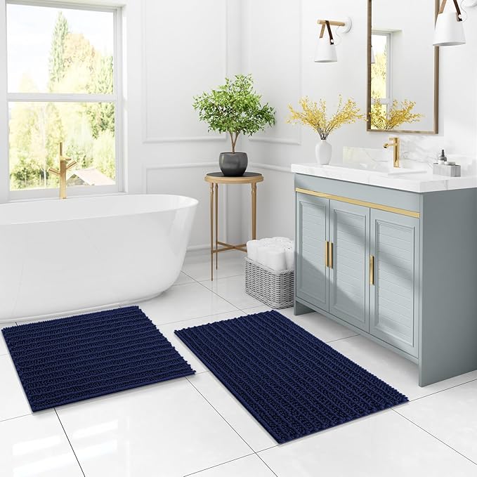 Arotive Luxury Chenille Bathroom Rug Mat, Extra Soft Thick Absorbent Shaggy Bath Rugs, Non-Slip Machine Wash Dry, Plush Bath Mats for Bathroom, Shower and Tub, 45x27, Navy