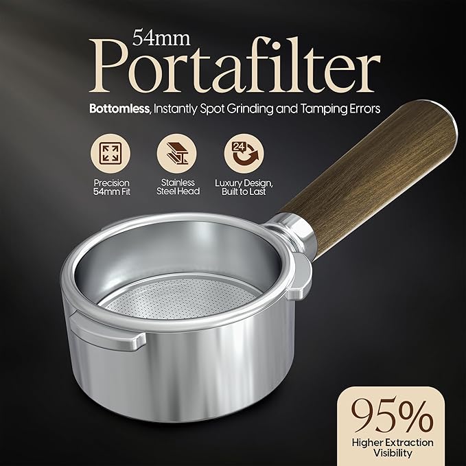 Bottomless Portafilter 54mm - Stainless Steel Filter Basket and Ergonomic Mahogany Wood Handle - Compatible with Breville 54mm Bottomless Portafilter Coffee Machine Models