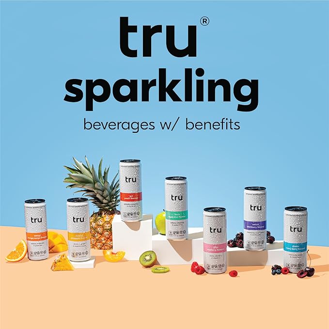 Tru Focus Seltzer, Sparkling Water with Green Tea Extract, Yerba Mate, L Theanine & Real Apple Kiwi Juice, Sweetened with Monk Fruit & Stevia, Gluten Free, Vegan, Sugar Free, 12 FL OZ Cans, 12 Pack