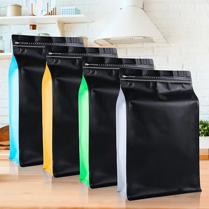 New 1.5 KG Large Capacity Coffee Bags with Valve (50 PCS) White Sides Black High Barrier Aluminum Foil Flat Bottom Standing Coffee Beans Storage Packaging Bags, Reusable Heat Seal Side Zipper Pouches