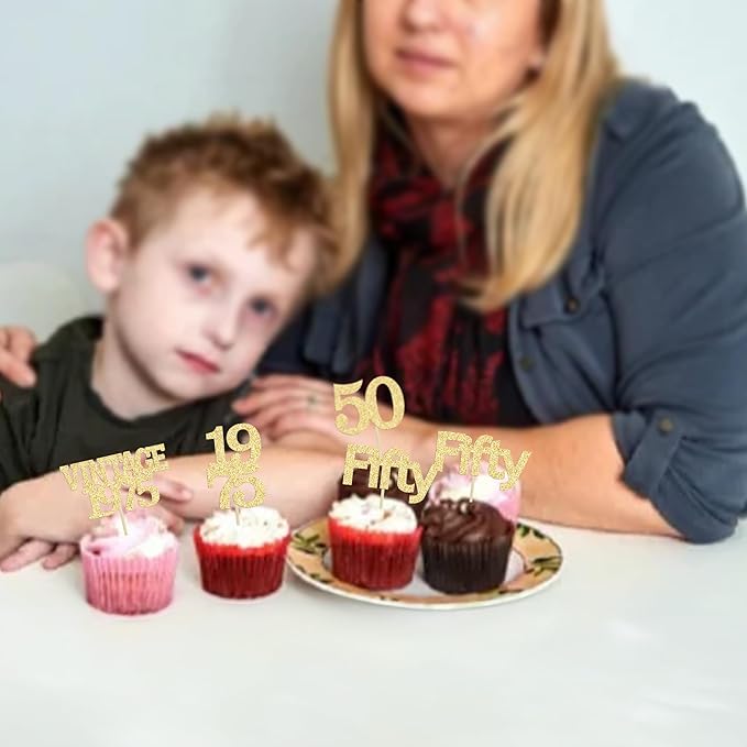 Gyufise 24Pcs 50th Birthday Cupcake Toppers Cheers to 50 Fabulous Fifty Vintage 1975 Cupcake Picks 50th Birthday Wedding Anniversary Party Cake Decorations Supplies Gold