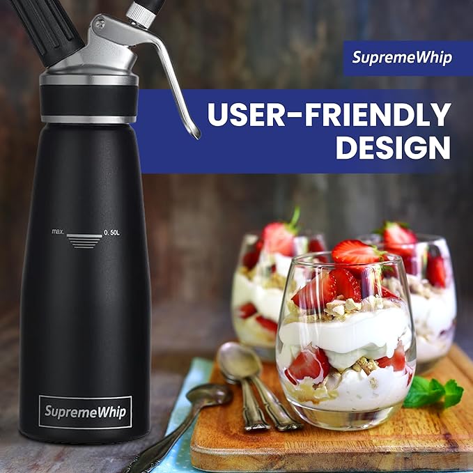 PRO Cream Dispenser, Durable High-Grip, Metal Lid with Rubber, 3 Nozzles, for Hot/Cold Use, Cleaning Brush Included, Black - 500 ml / 1 Pint