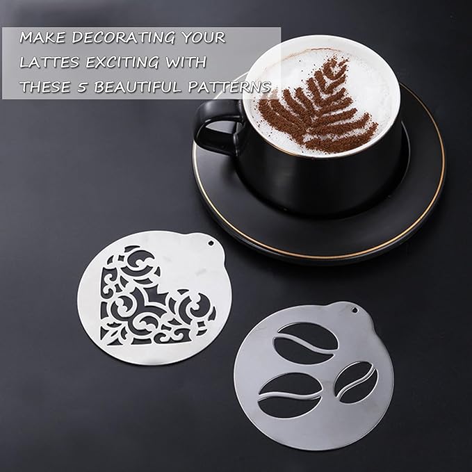 Stainless Steel Coffee Decorating Stencils Foam Barista Templates Decorative Latte Art Stencils Metal Foam Latte Art Templates for DIY Coffee Decor Coffee Making Accessories