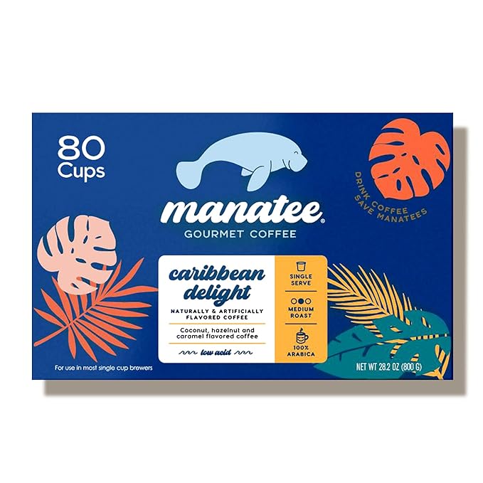 Manatee Gourmet Coffee, Single Serve Pods for Keurig 2.0 K Cup Brewers, Medium Roast, Caribbean Delight, 80 ct