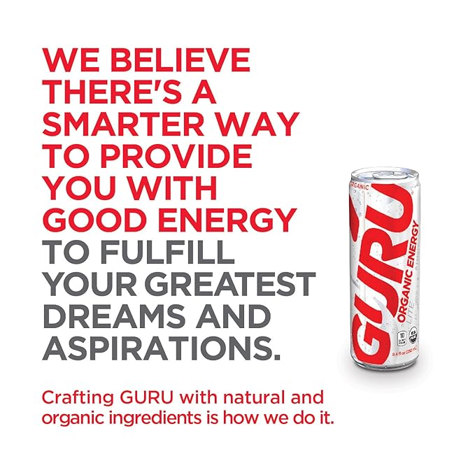 GURU Lite Organic Energy Drinks, Clean Energy Drink with Plant Based Natural Caffeine from Green Tea, Low Calorie, Gluten Free and Vegan, 100MG Caffeine, Healthy Drinks, 8.4oz (Pack of 24)