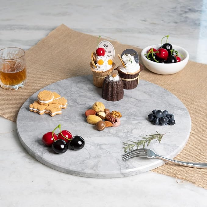 Koville Grayish White Marble Cutting Board Round, 16" Marble Cheese Board for Kitchen - Non-Stick Heat Resistant Stone Cutting Boards for Baking, Charcuterie, Pastry, Trivet