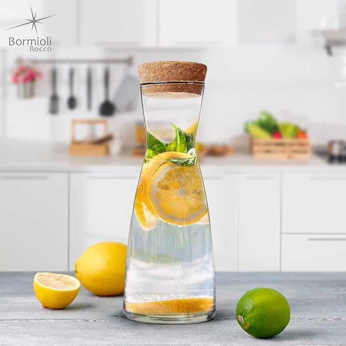 Bormioli Rocco Ypsilon Glass Carafe Set with Cork Tops, Set of 2-18.5 oz Contemporary Juice Containers & Drink Dispensers for Wine, Water, Milk - Dishwasher Safe Bar Glassware for Entertainment