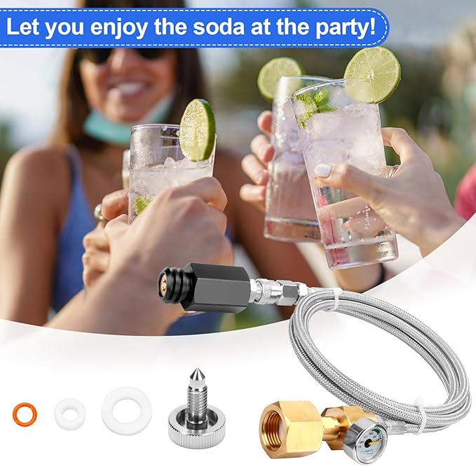 Soda Machine Co2 Adapter for Fizzi One Touch Jet Ninja Thirsti Soda Water Machine, CGA320 to TR21-4 Soda Maker 60inch Stainless Steel Hose Adapter (with Pressure Gauge)
