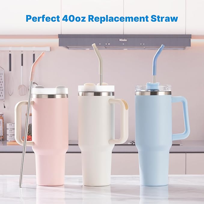 Metal Straw with Silicone Tip for 40oz Stanley Cup, 2 Pcs Stainless Steel Straws Replacement for Stanley 40 oz Adventure Quencher Travel Tumbler Cup, 1 Straw Brush (Fuchsia Red)