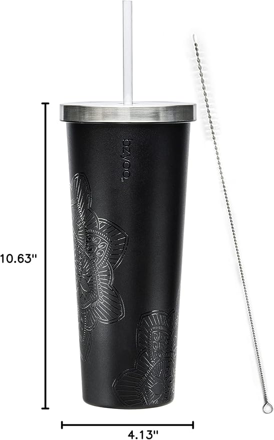 bzyoo SUP Double Wall Vacuum Insulated Tumbler with Straw and Lid Stainless Steel Water Bottle Cold Drink Travel Mug Cup Valentines Gifts For Him & Her (710ml) Color: Mandala Black