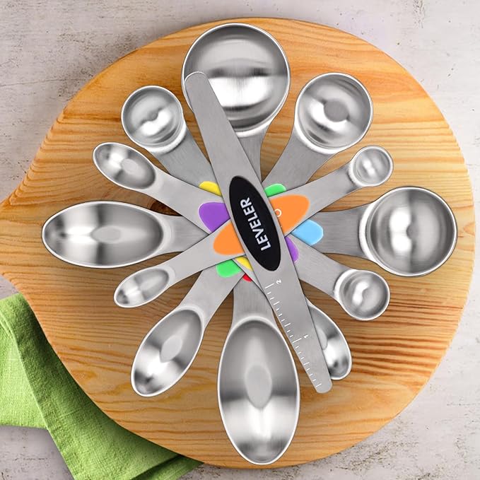 Magnetic Measuring Spoons Set - 7-Piece Stainless Steel Dual Sided Spoons with Leveler, Rustproof Nesting Design for Cooking, Baking & Medicine (US/Metric Markings, Dishwasher Safe)