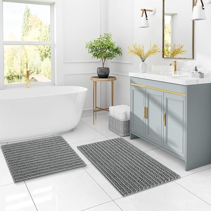 Arotive Luxury Chenille Bathroom Rug Mat, Extra Soft Thick Absorbent Shaggy Bath Rugs, Non-Slip Machine Wash Dry, Plush Bath Mats for Bathroom, Shower and Tub, 44x32, Grey