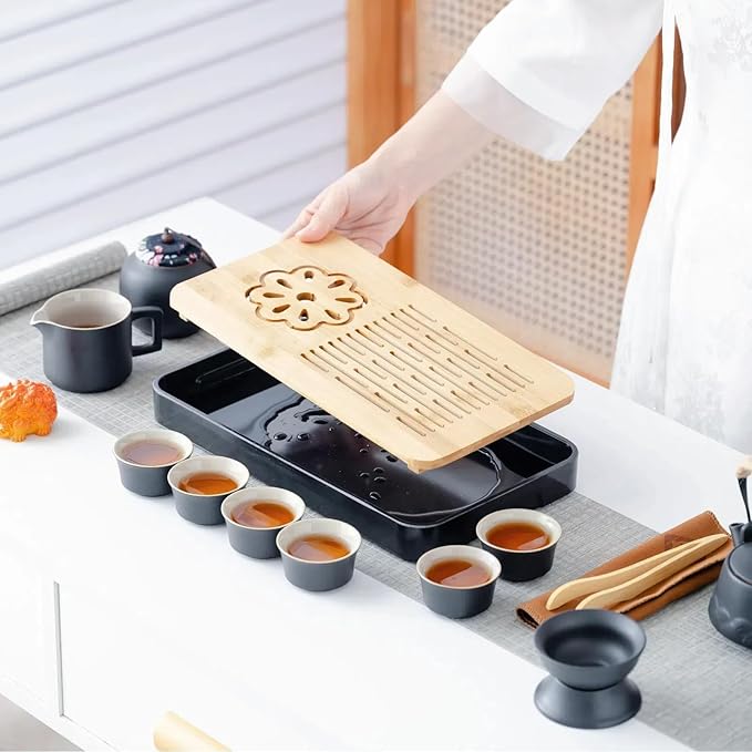 ICHAG Japanese & Chinese Tea Set, Adults' Portable Gongfu Tea Set with Teapet with Porcelain Teapot, 8oz Teapot,14-Piece 茶具 for Home/Outdoor/Office Gifts (Gray)