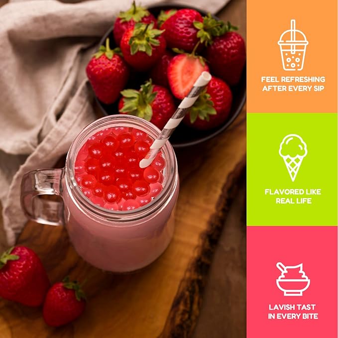 Fanale Strawberry Popping Boba Pearls, Vegan, Non GMO, Gluten Free, Fat Free, Perfect for Bubble Tea, Smoothies, Ice Cream, Desserts, and Beverages 1lb x 12.