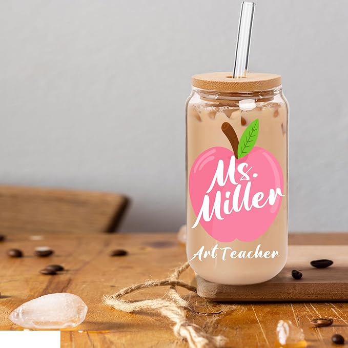 Personalized Tumbler with Name for Teacher- Glass with Lids and Straws-18OZ Iced Coffee Cups with Lids, Cute Glass Cups, Teacher Appreciation Gifts