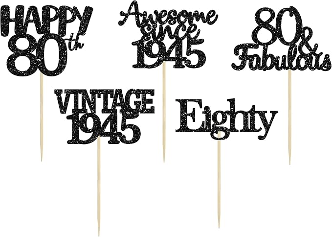 Gyufise 30 Pack Vintage 1945 Cupcake Toppers Glitter Cheers to 80 Fabulous Eighty Cupcake Picks 80th Birthday Wedding Anniversary Party Cake Decorations Supplies Black