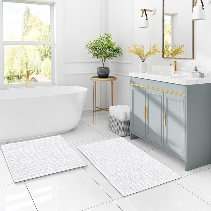 Arotive Luxury Chenille Bathroom Rug Mat, Extra Soft Thick Absorbent Shaggy Bath Rugs, Non-Slip Machine Wash Dry, Plush Bath Mats for Bathroom, Shower and Tub, 47x20, White