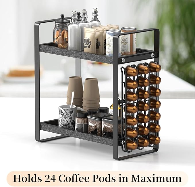 LEMIKKLE Coffee Station Organizer,Compatible with Nespresso Classic Pods 24pcs,Coffee Bar Accessories and Cup Storage Organizer, Wood Counter Shelves for Kitchen, Office, Countertop(Black