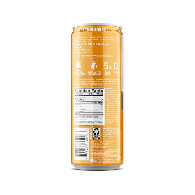 Optimum Nutrition Amino Energy Sparkling Hydration Drink, Electrolytes, Caffeine, Amino Acids, BCAAs, Sugar Free, Mango Pineapple Limeade, 12 Fl Oz, 12 Pack (Packaging May Vary)
