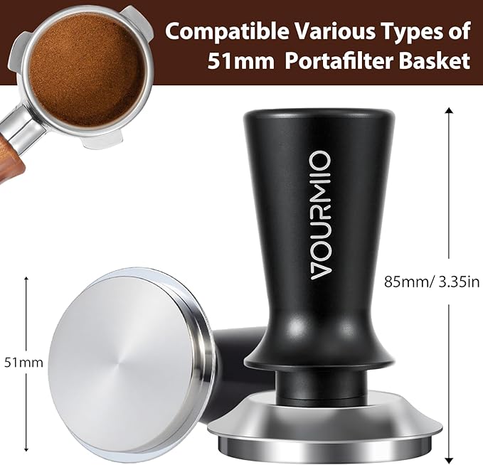 51mm Espresso Tamper - Spring-Loaded Coffee Tamper with Flat Stainless Steel Base, Compatible with All 51mm Portafilter Basket, Professional Barista Accessories, Black