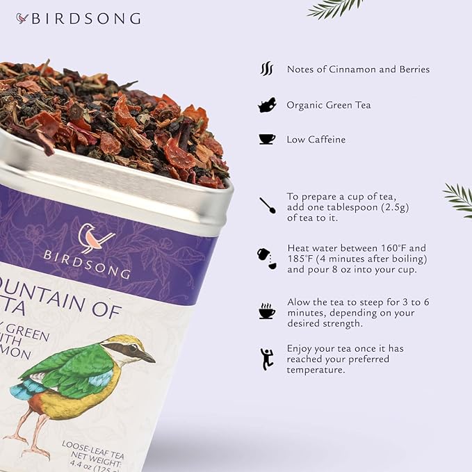 Birdsong Fountain of Pitta: Organic Green Tea Loose Leaf with Berries, Rooibos, and Cinnamon | Light, Refreshing and 100% Natural Tea with Health Benefits | Loose Leaf Hot, Cold Tea